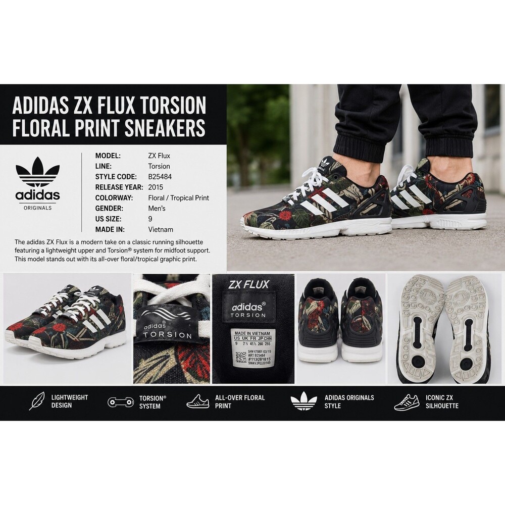 Men 9 Adidas Original Flux Torsion Floral Tropical Print Running Shoes  B25484